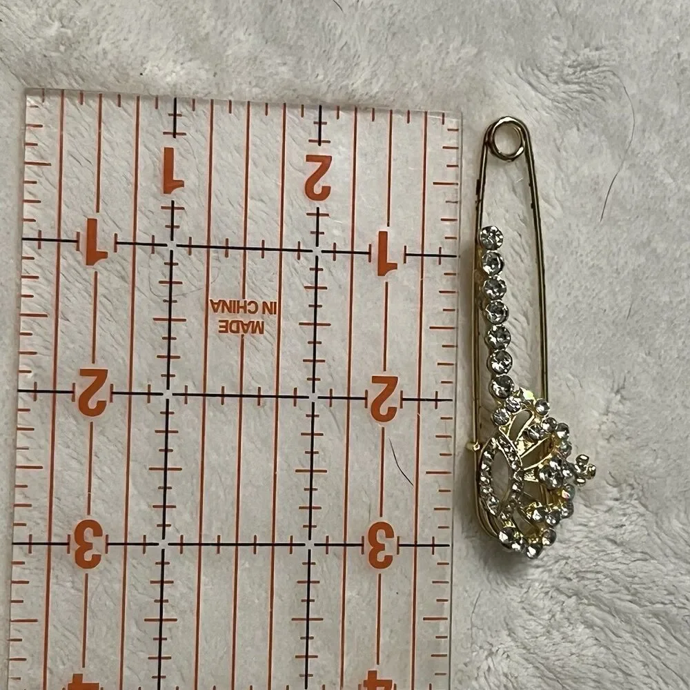 Gold Tone Princess Crown Safety Pin Brooch- Multi-colored Rhinestones